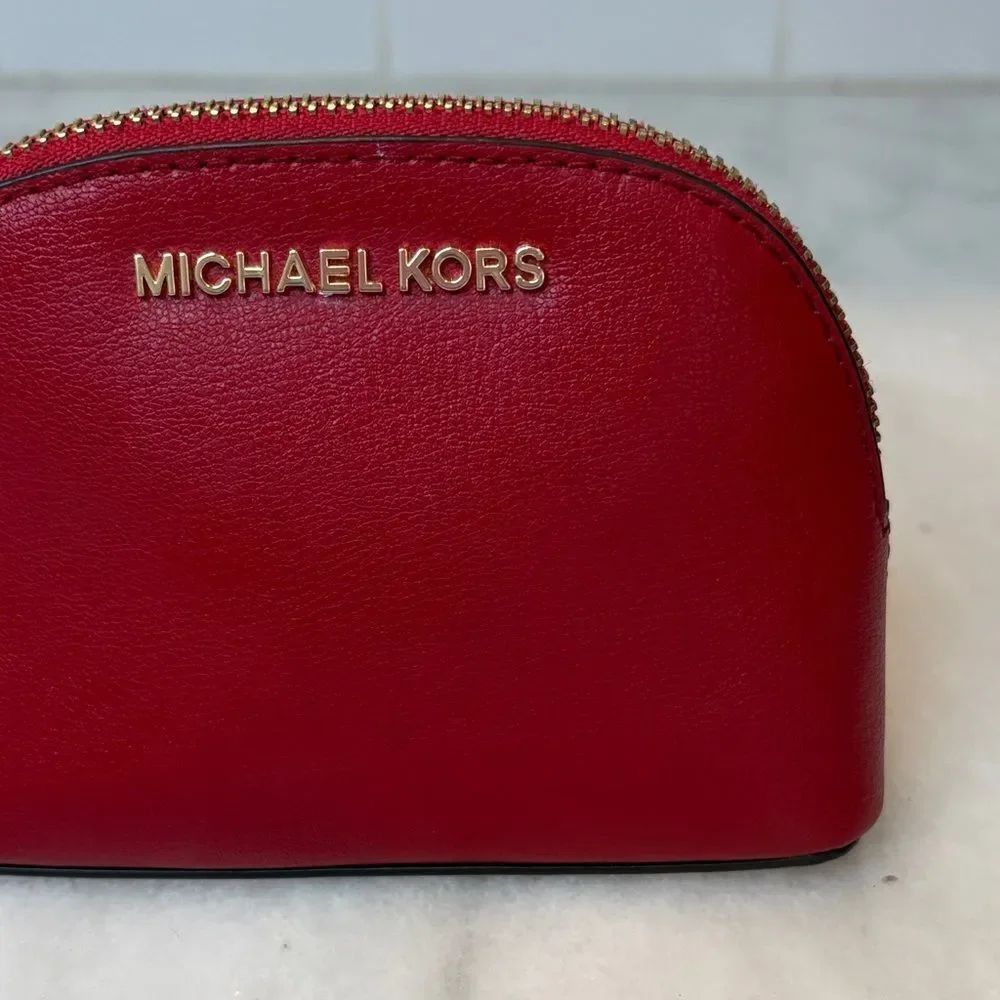 Michael Kors Travel Bag Cherry Red Leather Dome Cosmetic Case Pouch Clutch